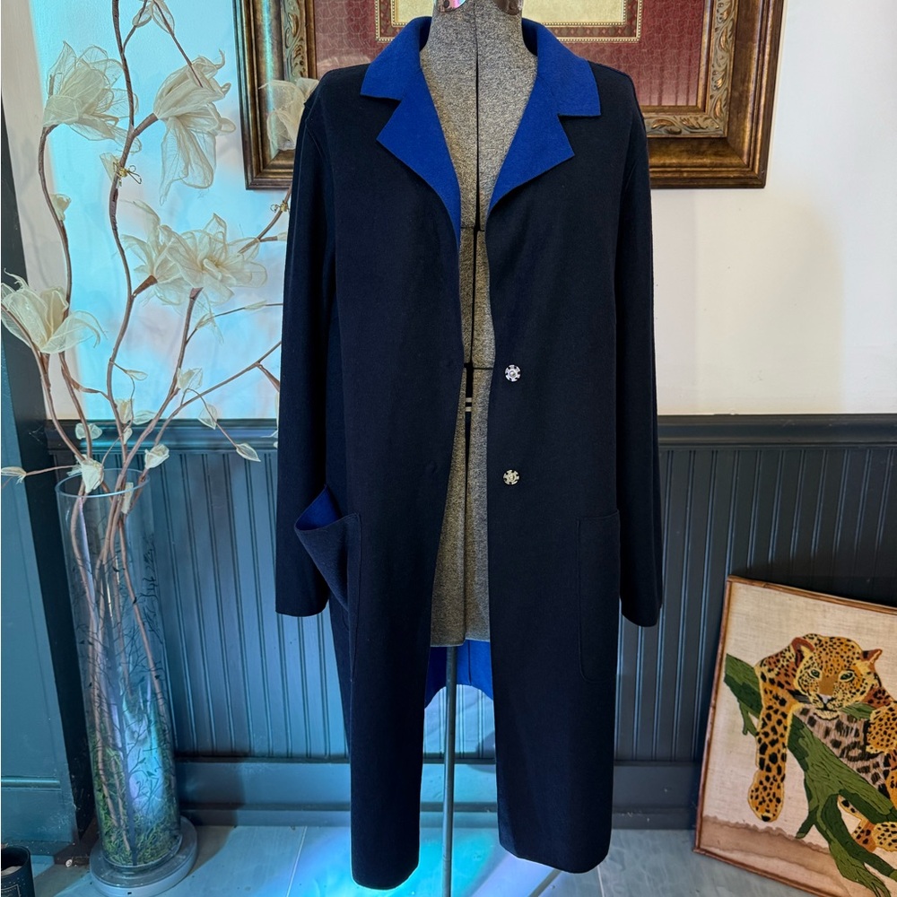 M&S Collection Two Toned Black & Blue Wool Blend Long Coat Sz 16 💛🍄 - Picture 1 of 10
